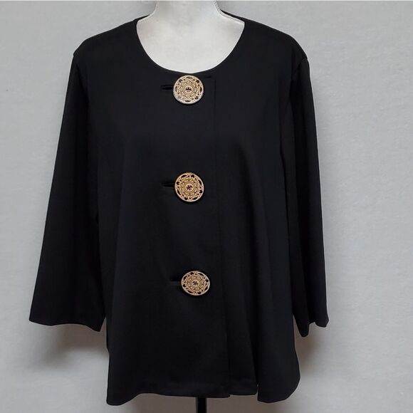 VINTAGE Black Large Button Scoop Neck Flare Sleeve Lightweight Swing Coat - Picture 2 of 10